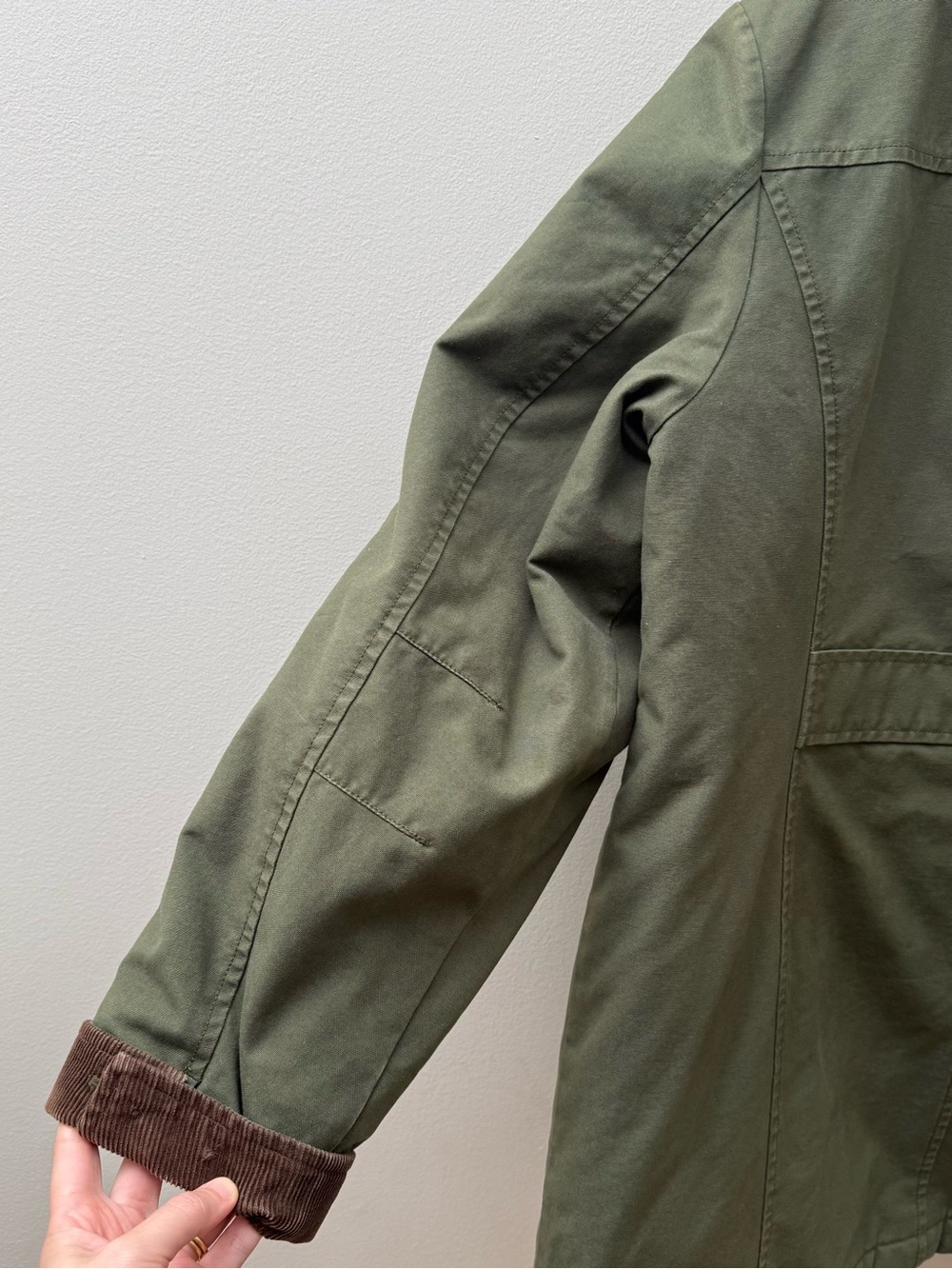 L.L. Bean Olive Green Barn Jacket with Brown Corduroy Collar - Picture 8 of 10